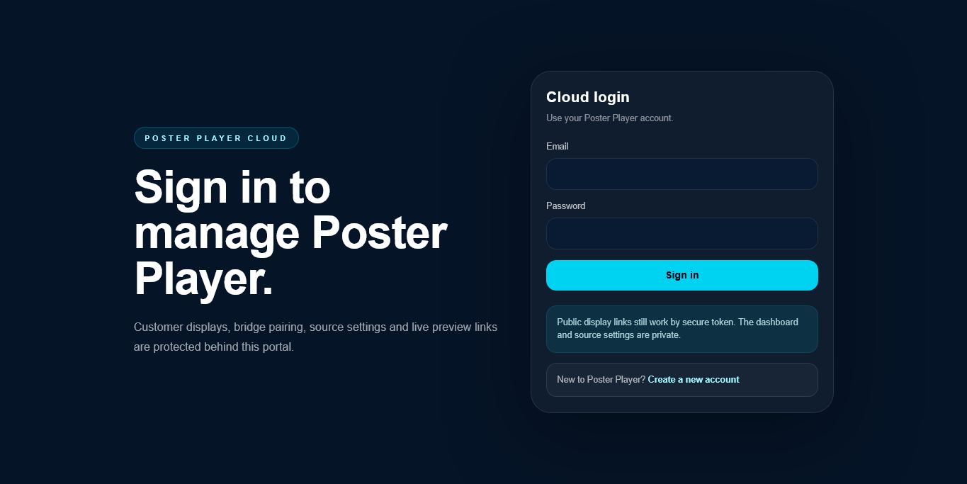 Poster Player cloud login screen