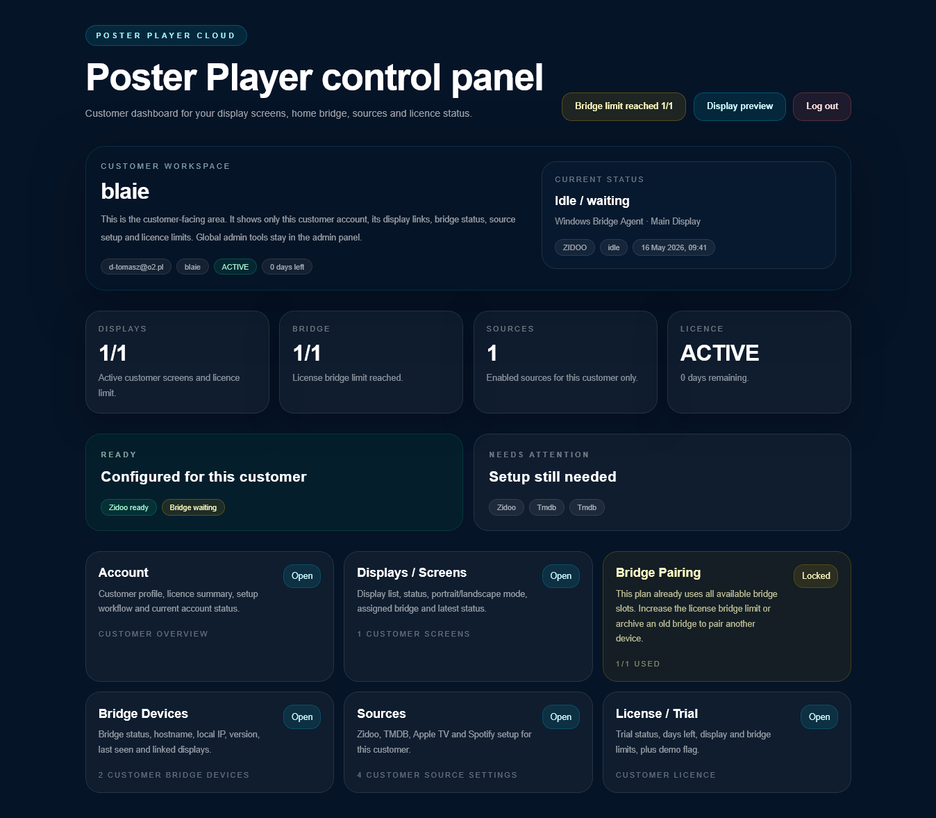 Poster Player customer control panel